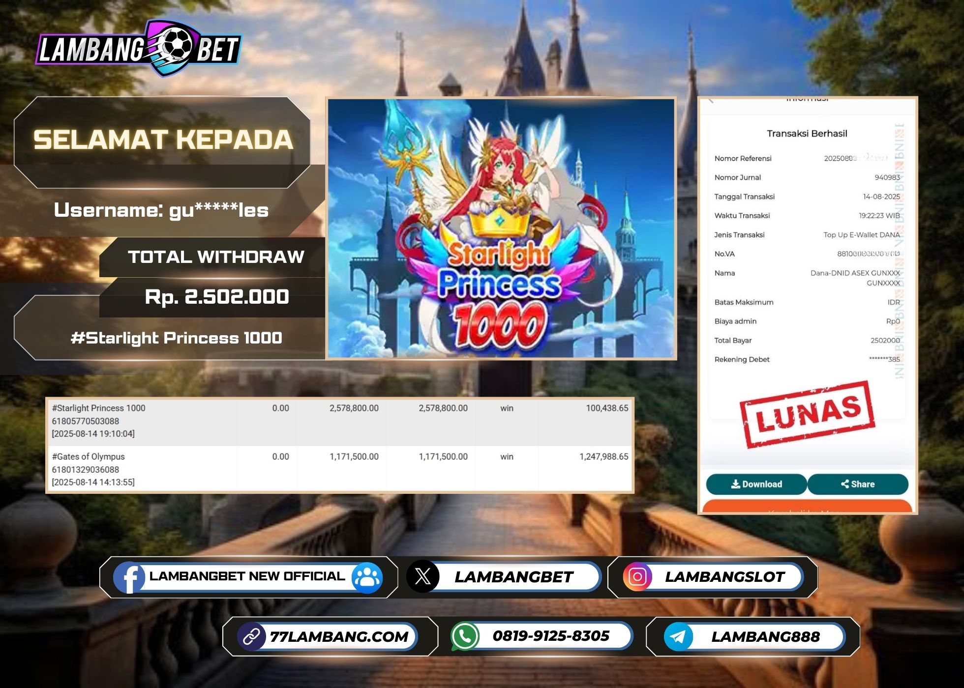 LAMBANGBET [14 AUGUST 2025] JACKPOT SLOT Starlight Princess 1000 "Rp2.502.000" LUNAS